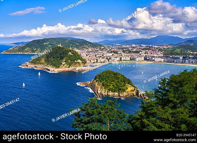 View of La Concha Bay from Mount Igeldo, Santa Clara Island and Mount Urgull, Donostia, San Sebastian, cosmopolitan city of 187, 000 inhabitants