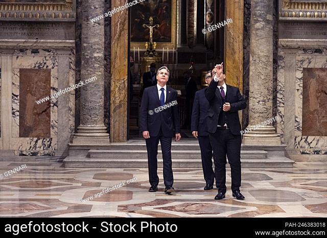 US Secretary of State Antony Blinken visits the Regia hall, in the Apostolic Palace, at the Vatican, ahead of his meeting with Pope Francis