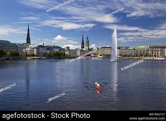Inner Alster Lake with Alsterfontaine and city skyline, Hamburg, Germany, Europe