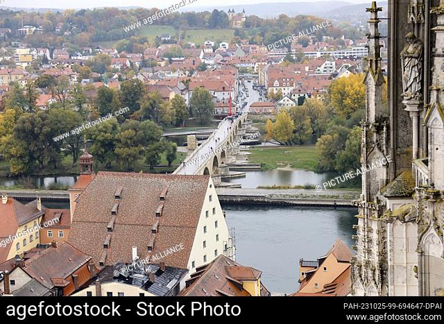 PRODUCTION - 24 October 2023, Bavaria, Regensburg: Sandstone figures covered with moss stand at a height of about 60 meters on a tower of the Regensburg...
