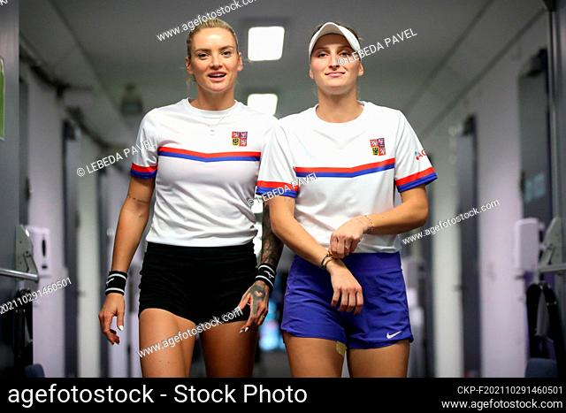 Czech tennis players L-R Tereza Martincova and Marketa Vondrousova are seen during a training session prior to women’s tennis Billie Jean King Cup (former Fed...