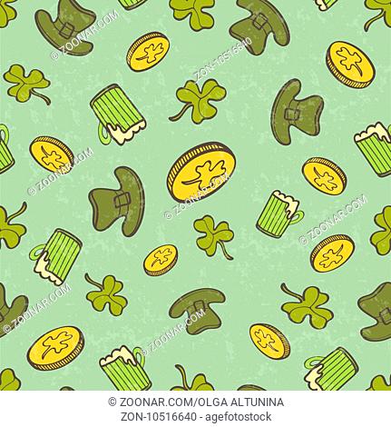 Saint Patrick's Day Seamless Pattern With Coins, Cover, Beer mug And Leprechaun Hat