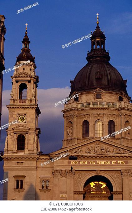 Basilica of St Stephen. Part view of exterior facade and bell tower.Eastern Europe