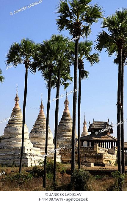 Myanmar, Birma, Burma, Bagan, the Min o chan tha Pagoda with palm trees in the foreground