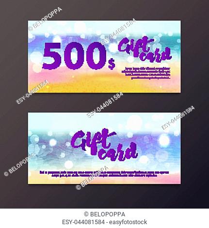 A gift certificate to the sea and the beach is out of focus. Card with blurred background and bokeh. Save 500 on a trip to the tropics, beach holiday
