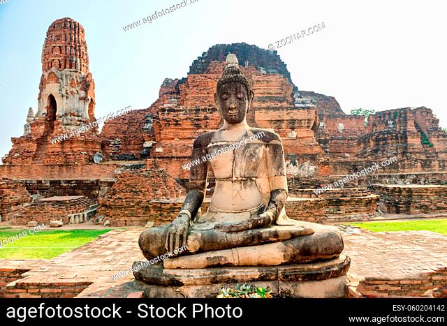 Historical and religious architecture of Thailand - ruins of old Siam capital Ayutthaya. Brick remains of Wat Mahathat temple