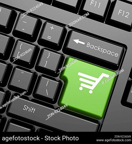 Green enter button with shopping cart on black keyboard, isolated image with hi-res rendered artwork that could be used for any graphic design
