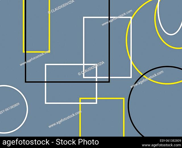 Abstract minimalist white grey yellow illustration with circle and ellipses squares and rectangles and slate gray background