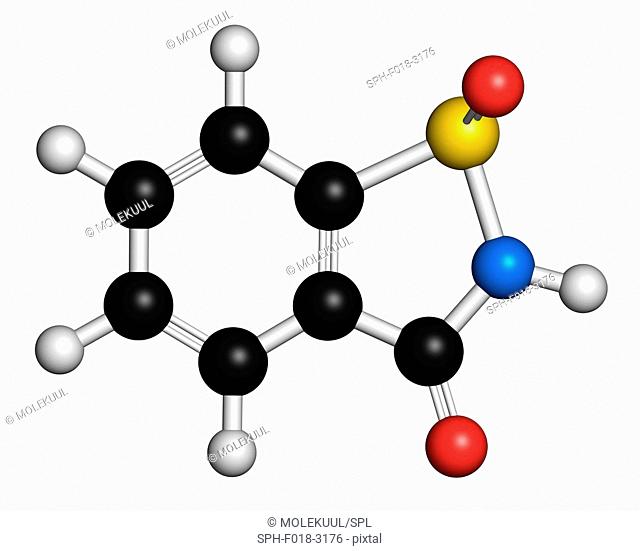 Saccharin artificial sweetener molecule (sugar substitute). Atoms are represented as spheres with conventional colour coding: hydrogen (white), carbon (grey)
