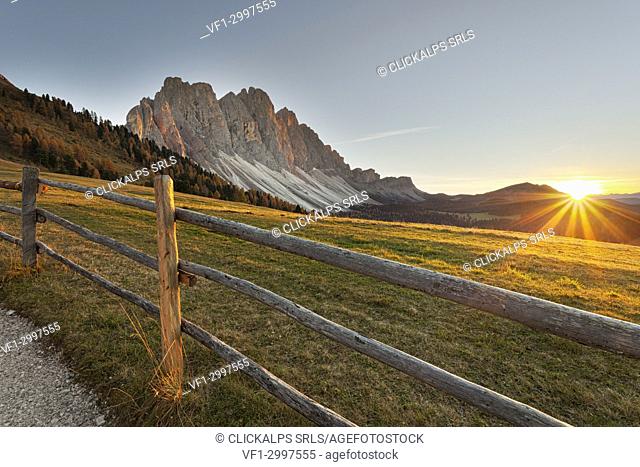 Sunset in Puez-Odle Natural Park, Dolomites, South Tyrol, Funes Valley/Villnoss, Bolzano, Italy