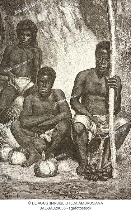 New Caledonian fruit merchants in the Noumea market, New Caledonia, drawing by Alfred Loudet (1836-1898) from a photograph
