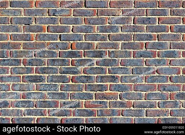 Photograph of a brick wall pattern. The bricks are red, blue and purple in colour with yellow mortar