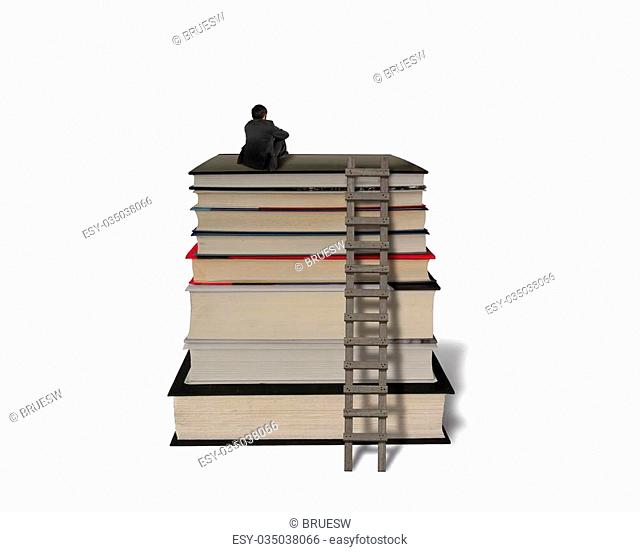 Businessman sitting on top of stack books with wooden ladder in white background
