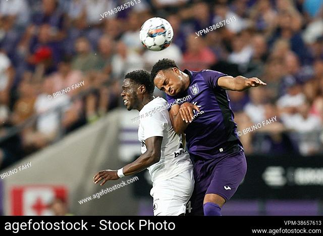 Paide's Dominique Simon and Anderlecht's Killian Sardella fight for the ball during a soccer match between Belgian team RSC Anderlecht and Estonian team Paide...