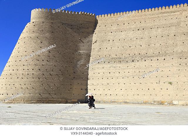 Bukhara, Uzbekistan - August 27, 2016: The Walls of Great Ark Fortress of Bukhara, a renowned heritage site of Silk Road time in Uzbekistan