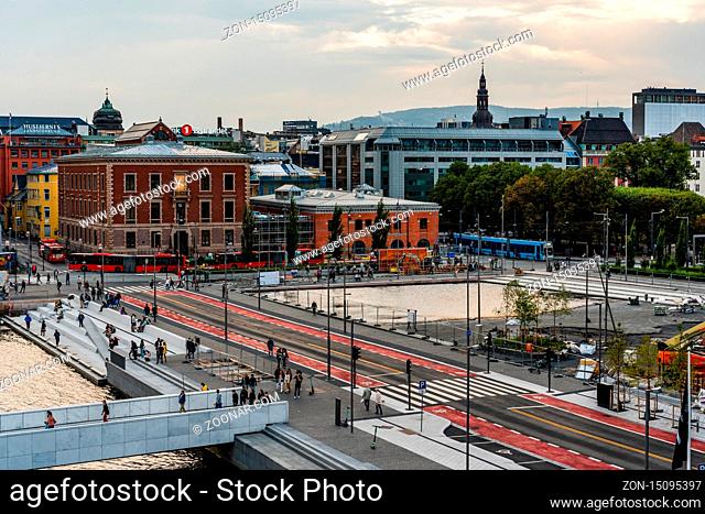 Editorial 08.31.2019 Oslo Norway View of the downtown area with traffic and people in the fall evening