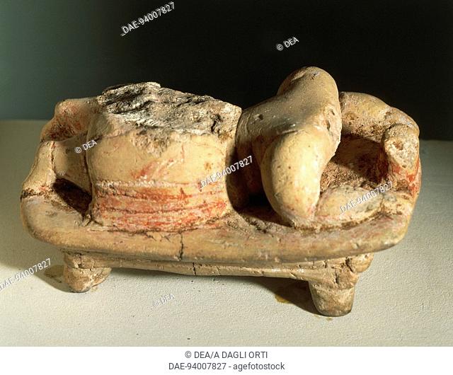 Prehistory, Malta, Neolithic. Terracotta figure known as the small Sleeping Lady. From Hal Saflieni Hypogeum.  La Valletta, National Museum Of Archaeology