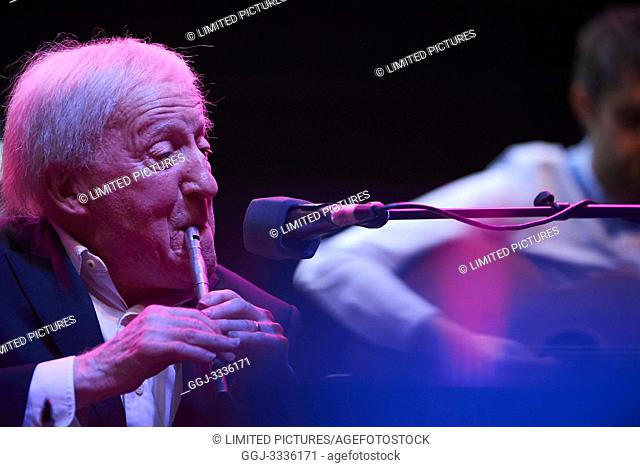 Paddy Moloney from The Chieftains and Carlos Nunez in concert at Las Noches del Botanico Festival on June 26, 2019 in Madrid, Spain