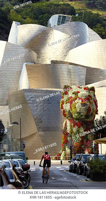 Guggenheim museum Bilbao and Puppy sculpture  Bilbao, Biscay, Basque Country, Spain