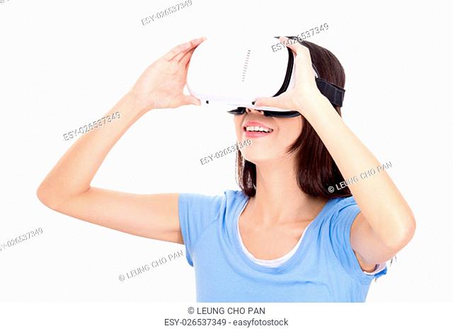 Chinese woman wearing virtual reality device