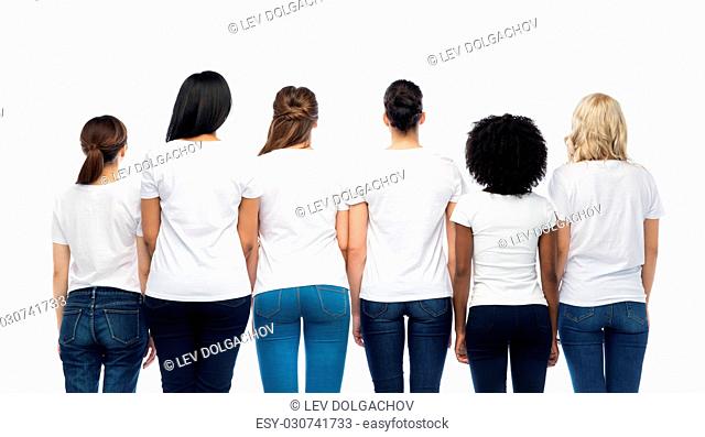 diversity, race, ethnicity and people concept - international group of different women in white blank t-shirts from back