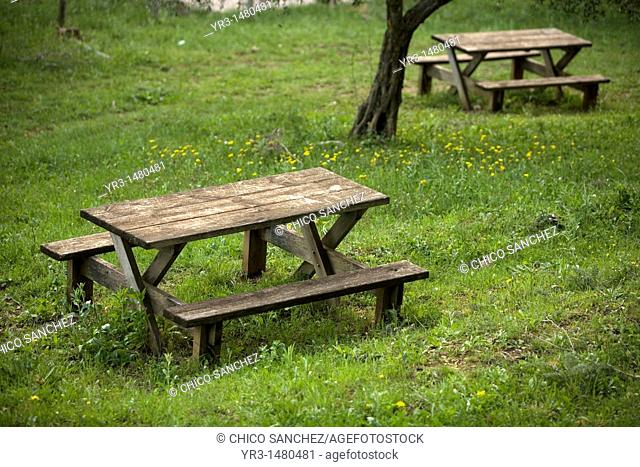 Wooden benches in a green field of El Gastor village in the Sierra de Grazalema Natural Park, Cadiz province, Andalusia, Spain, april 25, 2011