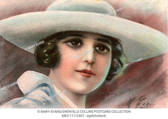 A full-face postcard depiction of a young Italian girl wearing a wide-brimmed hat