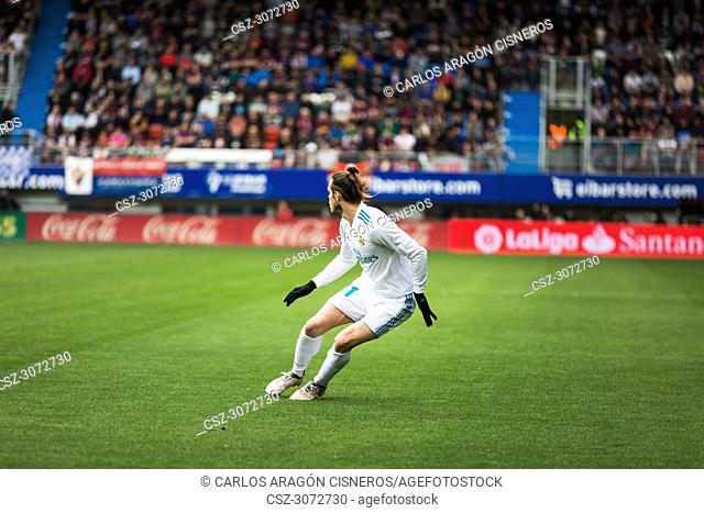 Gareth Bale, Real Madrid player, in action during a Spanish League match between Eibar and Real Madrid