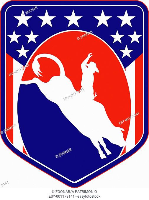retro style illustration of a silhouette of an American Rodeo Cowboy riding a bucking jumping bull viewed from side inside shield with stars and stripes
