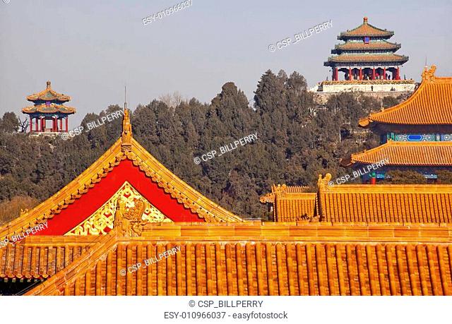 Jinshang Park Pavilions from Forbidden City Yellow Roofs GugongDecorations Emperor\'s Palace Built in the 1400s in the Ming Dynasty