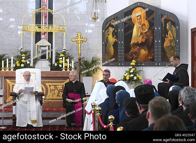 Nur-Sultan, Kazakhstan, 15 September, 2022. Pope Francis attends a meeting with representatives of the clergy and parishioners in the Our Lady of Perpetual Help...
