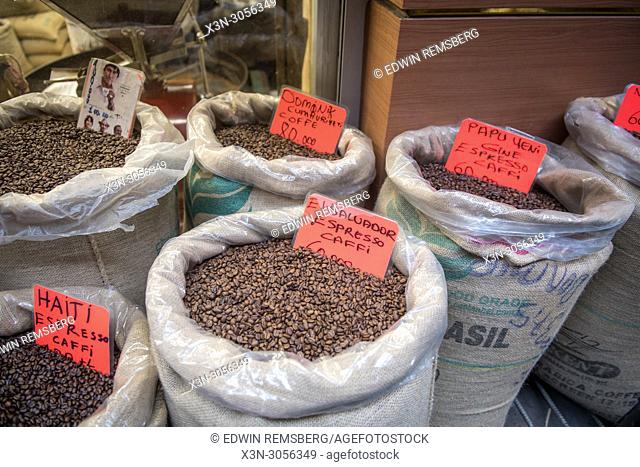 Linen bags are filled to the brim with a variety of different blends of roasted coffee beans, Istanbul, Turkey