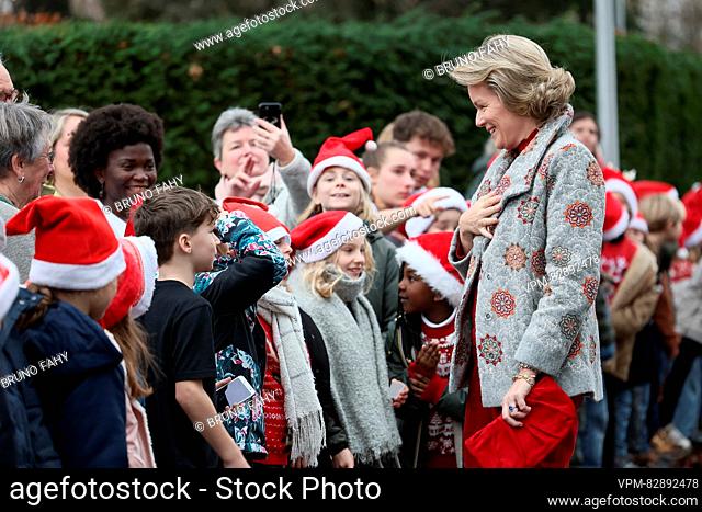 Queen Mathilde of Belgium leaves after a royal visit to the Francoise Schervier rest and care home in Chaudfontaine, Thursday 21 December 2023