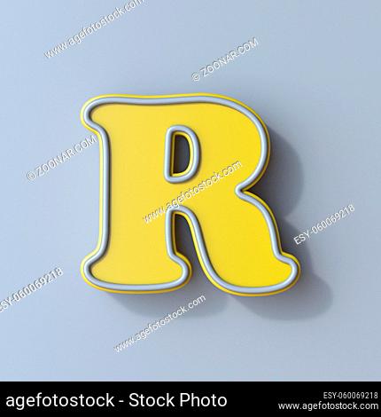 Yellow cartoon font Letter R 3D render illustration isolated on gray background