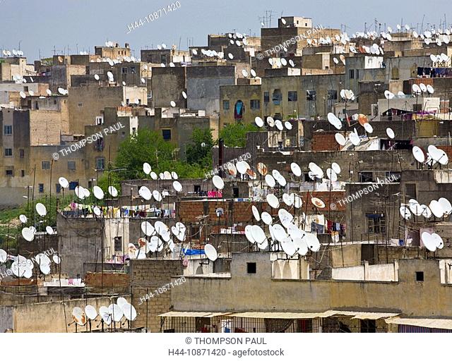 Buildings and rooftop satellite dishes, Fez, Morocco