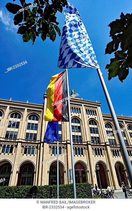Flags flying in front of the building of the Government of Upper Bavaria, Maximilianstrasse street, Munich, Bavaria, Germany, Europe