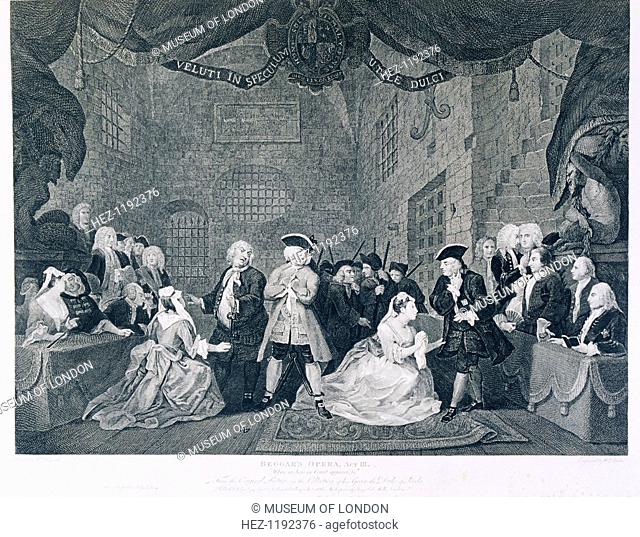 'The Beggar's Opera Act III', 18th century. The scene takes place in Newgate Prison. The imprisoned highwayman Macheath stands between Lucy Lockit on the left...
