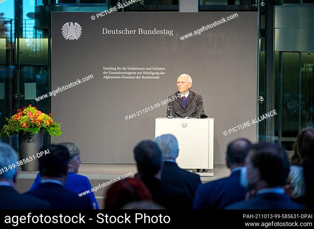 13 October 2021, Berlin: Wolfgang Schäuble (CDU), President of the Bundestag, addresses the guests at the reception marking the end of the Afghanistan mission...