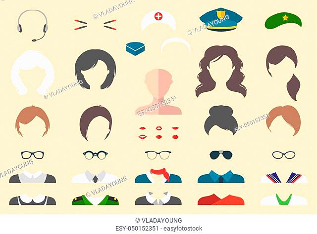 Big vector set of professions dress up constructor with different woman occupation, glasses, lips, hairstyles, hats, wear in trendy flat style