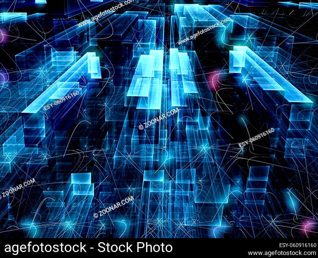 Sci-fi or hi-tech fractal background. Perspective composition with chaos light spots. Abstract computer-generated image for covers, web design, posters