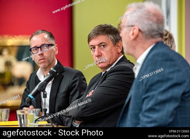 Flemish Minister President Jan Jambon (c) pictured at a press conference at Kunsthalle München in Munich, Germany on Thursday 14 October 2021