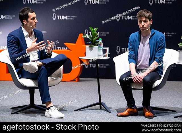 25 May 2023, Bavaria, Munich: Sam Altman (r), chief executive officer (CEO) of OpenAI and inventor of the AI software ChatGPT, and Reinhard Heckel