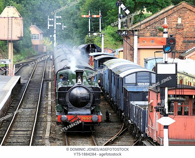 GWR Pannier Tank Loco 0-6-0 No 3650 draws into Bewdley Station on the Severn Valley Railway, Worcestershire, England, Europe  No 3650 was on loan from Didcot...