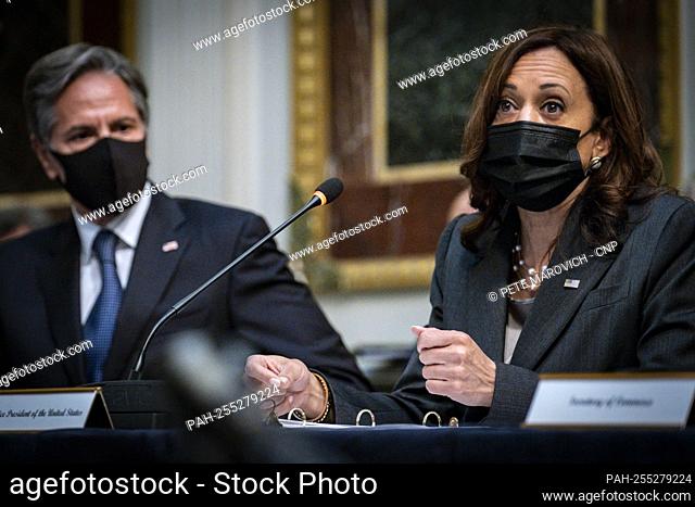 United States Vice President Kamala Harris, right, delivers opening remarks at the U.S.-Mexico High Level Economic Dialogue (HLED) as United States Secretary of...