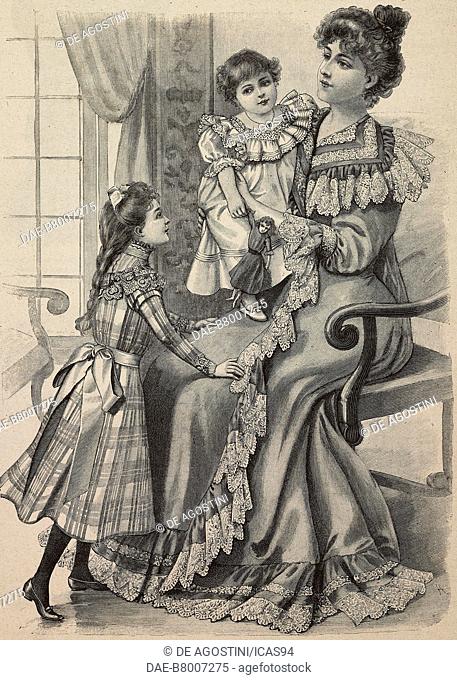 Nine-ten year-old girl wearing a tartan poplin dress, 1-2 year-old girl wearing an embroidered dress, woman wearign a dressing gown with lace
