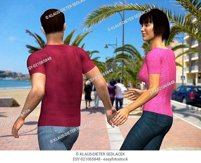 Ein verliebtes Paar trifft sich auf der Promenade unter Palmen
