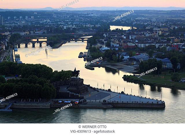 D-Koblenz, Rhine, Moselle, Maifeld, Eifel, Hunsrueck, Westerwald, Rhineland-Palatinate, town panorama, evening mood, Deutsches Eck, Moselle flows into the Rhine