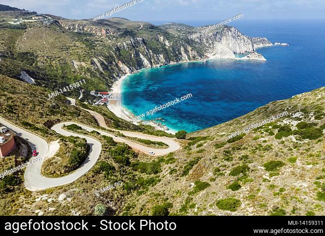 serpentine road to petani beach in kefalonia, ionian islands, greece