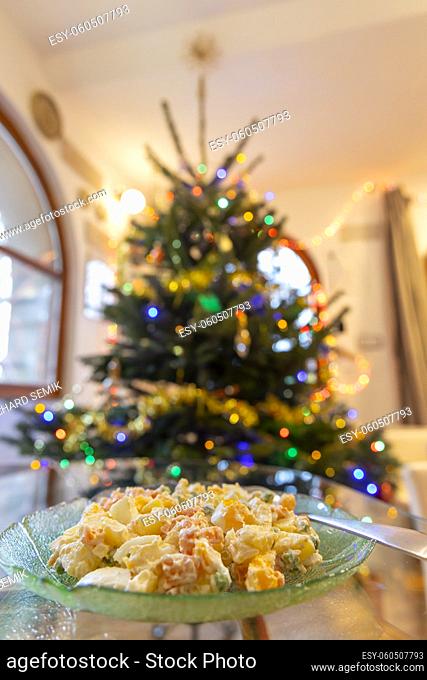 Czech traditional potato salad with Christmas tree