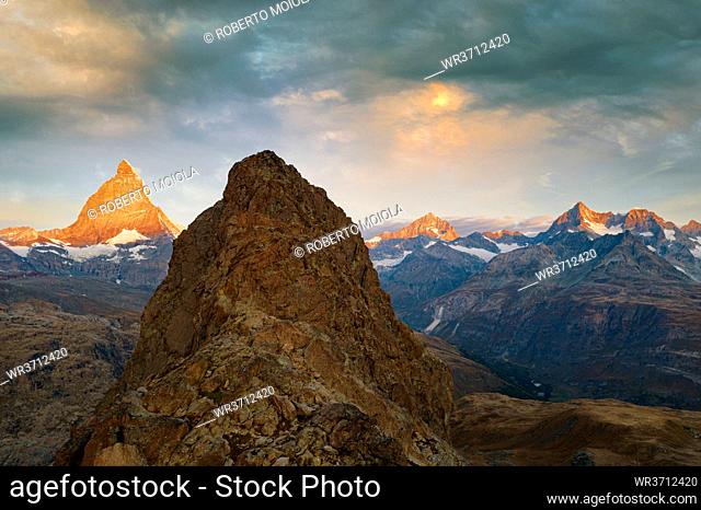 Sunrise over Matterhorn and Dent Blanche view from Riffelhorn, aerial view, Zermatt, canton of Valais, Switzerland, Europe